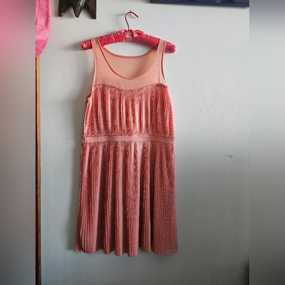 Lauren Conrad Vibrant Coral Polka Dot Pleated Sleeveless Dress Size Large